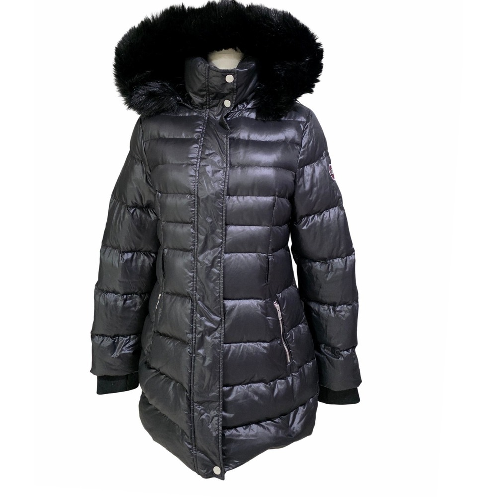 UGG Puffer Jacket Womens S Black Faux Fur Hooded Parka Quilted Zip‎